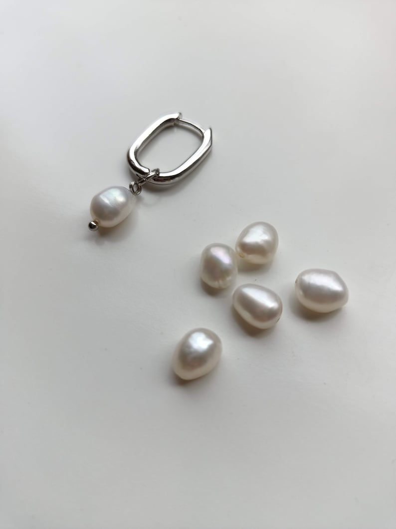 Mens single pearl earring,Small huggie hoops real pearl square hoop earrings,Mens pearl hoops,Mens mono teardrop dangle earring image 9