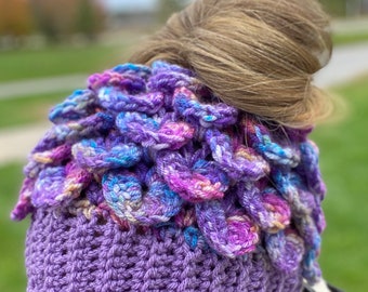Crocodile, stitch Messy Bun Crochet Hat