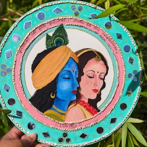 Hand-Painted Radha Krishna Mandala: 12&quot; Indian Wooden Wall Art