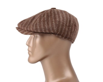 Casquette gavroche rayée marron, laine, casquette en laine grise, casquette plate, chapeau Peaky Blinders, chapeau homme boulanger, chapeau Gatsby, cadeau de Noël homme, casquette Gatsby