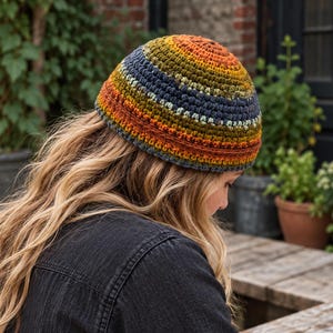 May include: A crochet beanie featuring a gradient of colors including burnt orange, mustard yellow, olive green, and slate blue. The hat is constructed with a dense, textured stitch pattern that creates horizontal bands of color throughout the design.