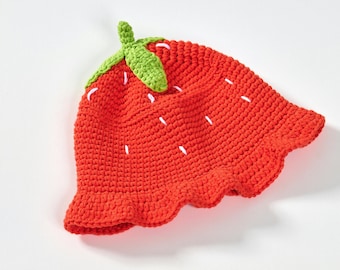 Crochet Strawberry Bucket Hat, Handmade Costume Hat