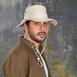 Beige Cotton Safari Hat: Outdoor Hiking Sun Hat with Chin Strap