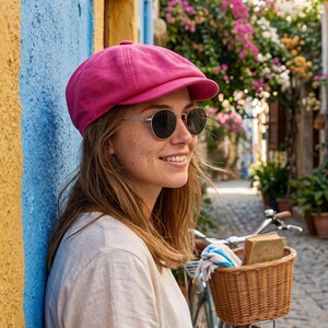 Op de afbeelding: Een magenta pet en een ronde zonnebril. De persoon glimlacht en leunt tegen een blauwe en gele muur. Op de achtergrond een fiets met een rieten mand, met een boek en een handdoek erin.