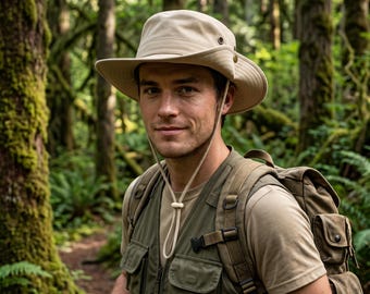 Beige Cotton Safari Hat: Wide Brim Sun Protection, Chin Strap