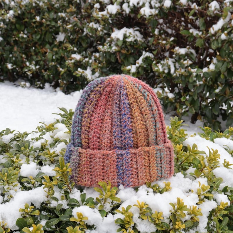 Hand Knit Multicolor Beanie: Chunky Crochet Boho Winter Cap image 2