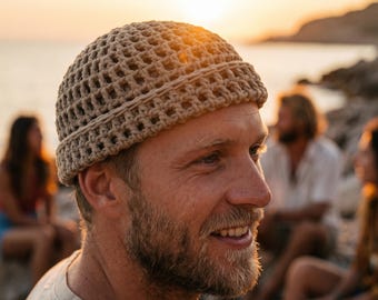 Boho Crochet Beanie Hat, Summer Mesh Cotton Skull Cap, Hippie Festival Hat, Fisherman Docker Beanie, Beach Hat, Unisex Style