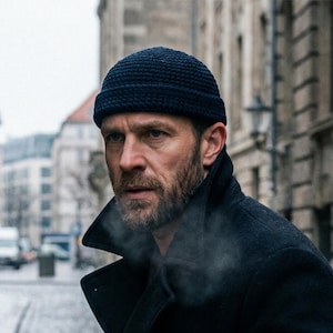 May include: A man wearing a navy blue knitted beanie and a black overcoat. The man has a beard and is looking off to the side. The background shows a city street with buildings.