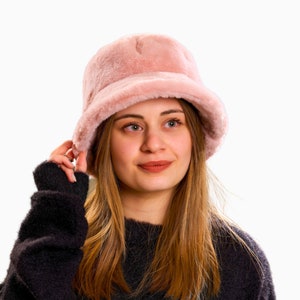Pink Faux Fur Bucket Hat, Warm Plush Winter Hat for Women, Cozy Fuzzy Fluffy Outdoor Fashion Hat, Trendy Ladies Bucket Hat