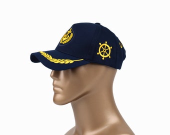 Dark Blue Captain Hat: Embroidered Nautical Baseball Cap