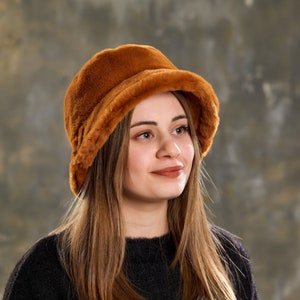 Brown Faux Fur Bucket Hat, Warm Plush Winter Hat for Women, Cozy Fuzzy Fluffy Outdoor Fashion Hat, Trendy Ladies Bucket Hat