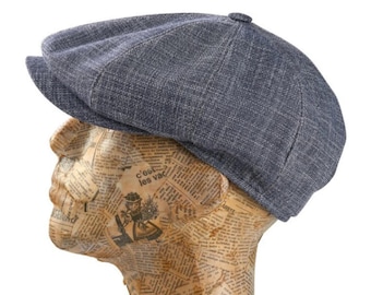 Dark Blue Linen Newsboy Cap: Handmade 8-Panel Gatsby Hat