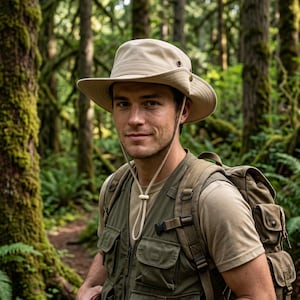 Könnte beinhalten: Ein beigefarbener Hut mit breiter Krempe und Kinnriemen. Der Hut wird von einer Person getragen, die eine grüne Weste und einen Rucksack trägt. Der Hintergrund ist ein üppiger grüner Wald mit hohen Bäumen.