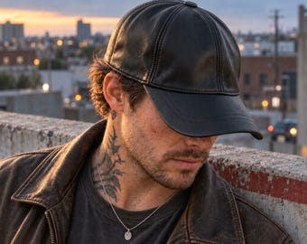 May include: A black leather baseball cap with a six-panel construction and a curved brim. The cap features visible stitching along the seams and the brim, providing a structured look. The material has a smooth, matte finish with a subtle sheen.