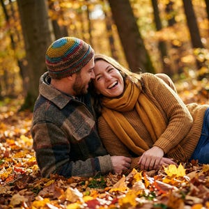 Puede incluir: Una persona con un gorro de ganchillo a rayas multicolor y una chaqueta de cuadros marrón, y otra persona con un suéter de punto trenzado amarillo mostaza y bufanda a juego, descansando sobre hojas de otoño en un bosque.