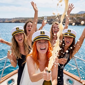 May include: A group of women celebrating on a boat, popping a champagne bottle. They wear white captain hats with gold trim and black dresses. The sea is blue, and the sky is clear.
