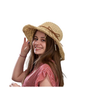 Handmade Beige Straw Sun Hat: Wide Brim Beach Hat, Boho Lace Style