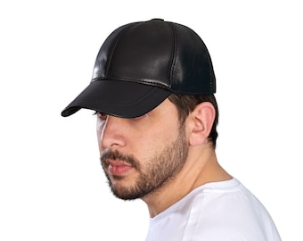 Black Leather Baseball Cap: Unisex Adjustable Genuine Leather Hat