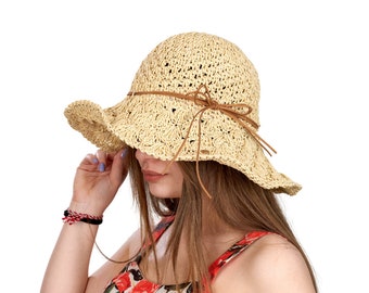 Chapeau de paille d'été Begie, chapeau d'été pour femme, chapeau de soleil, chapeau à bord large, chapeau de plage, chapeau de soleil pliable, style dentelle, chapeau de paille fait main, chapeau de vacances, bohème
