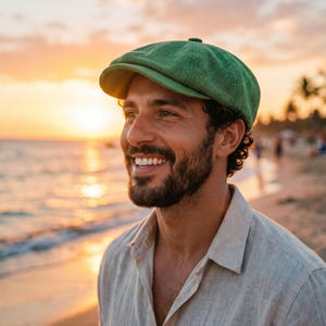 May include: A person wearing a green newsboy cap and a light-colored button-down shirt smiles on a beach at sunset. The cap has a rounded crown and a short, stiff brim. The background shows the ocean and a golden sky.