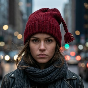 May include: A deep red knitted beanie hat with a tassel. The person is wearing a grey scarf and a black leather jacket. The background shows a city street with blurred lights.