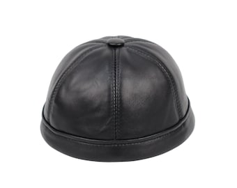 Handmade Black Leather Docker Cap: Unisex Fisherman Beanie