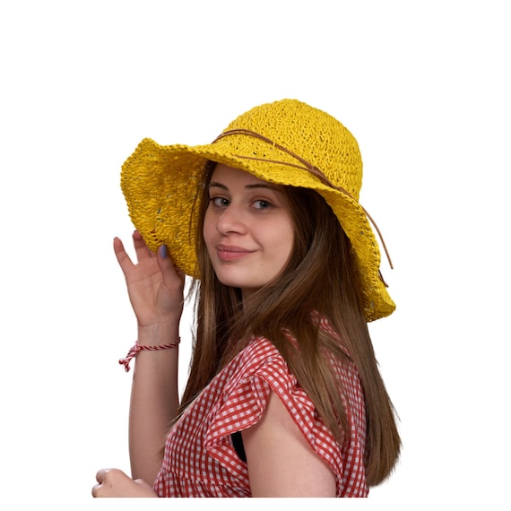 Wide Brim Straw Sun Hat with Leather Band - Yellow Scala Collection Straw Panama Style Hat Small Wide Brim  main image 4
