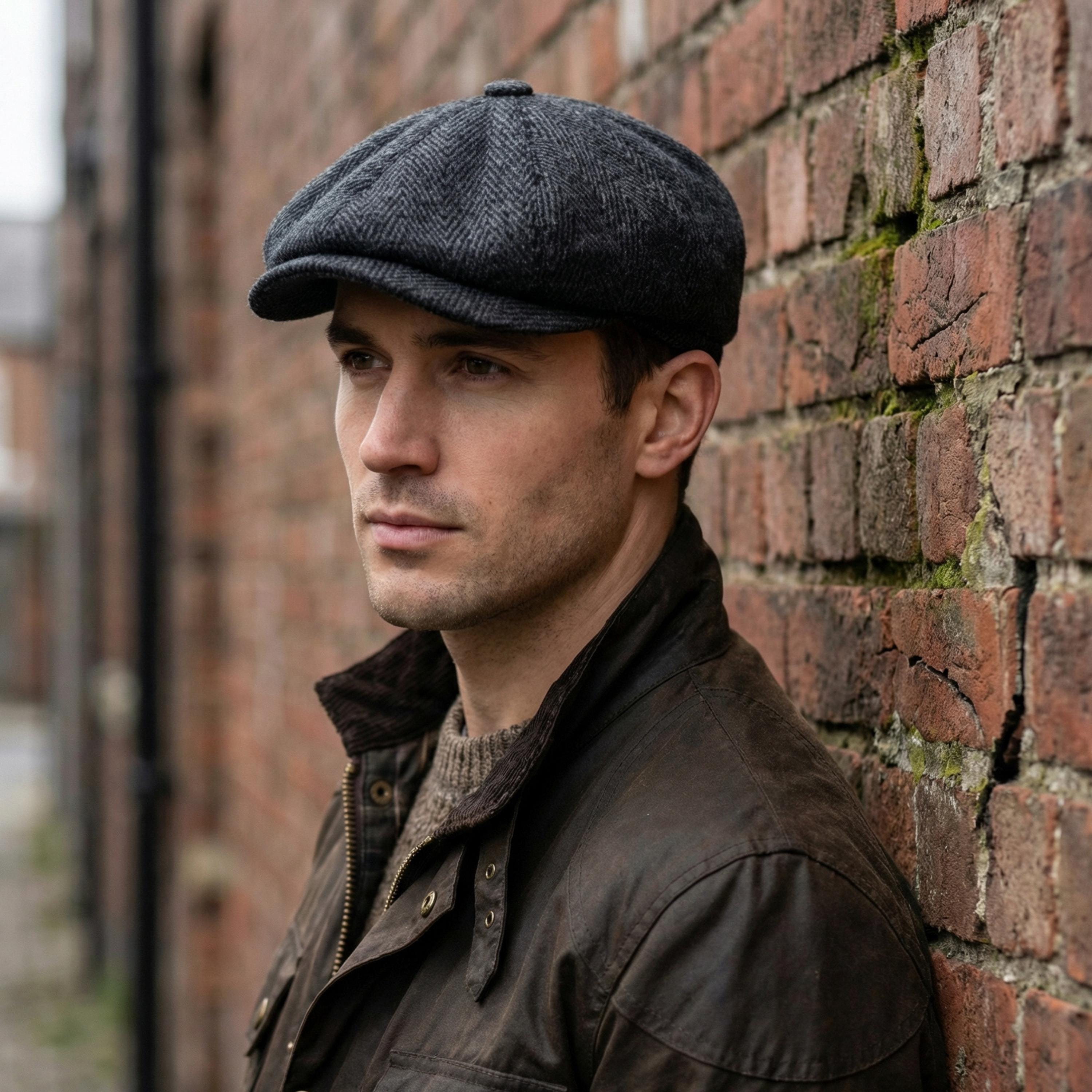 Black Herringbone Wool Newsboy Cap: Handmade Vintage Gatsby Hat