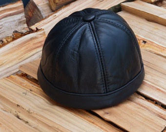 Handmade Black Leather Docker Cap: Adjustable Fisherman Beanie