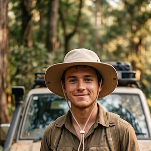 Può includere: Una persona indossa un cappello da safari color cachi con sottogola e una camicia abbottonata. La persona sorride davanti a un veicolo e uno sfondo di foresta.