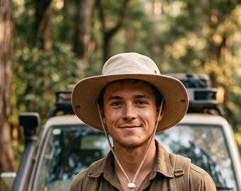Safari Bucket Hat for Men Women, Cotton Sun Hat with Chin Strap, Hiking Fishing Camping Hat, Beach Travel Outdoor Boonie Hat