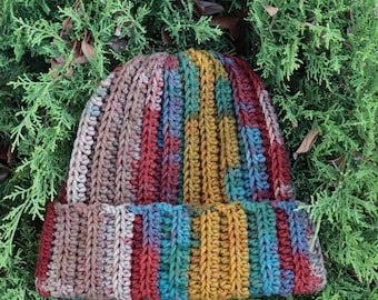 Gorro multicolor de ganchillo hecho a mano: gorro unisex de estilo bohemio para invierno.