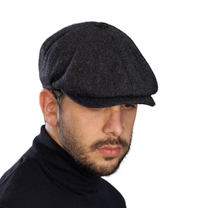 Casquette gavroche noire à chevrons, laine, casquette en laine grise, casquette plate, chapeau Peaky Blinders, chapeau homme boulanger, chapeau Gatsby, cadeau de Noël homme, casquette Gatsby image 6