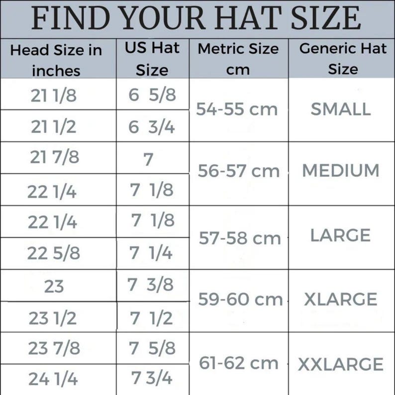 May include: A chart showing hat sizes in inches, US hat sizes, metric sizes in centimeters, and generic hat sizes. The chart includes sizes from 21 1/8 inches to 24 1/4 inches.