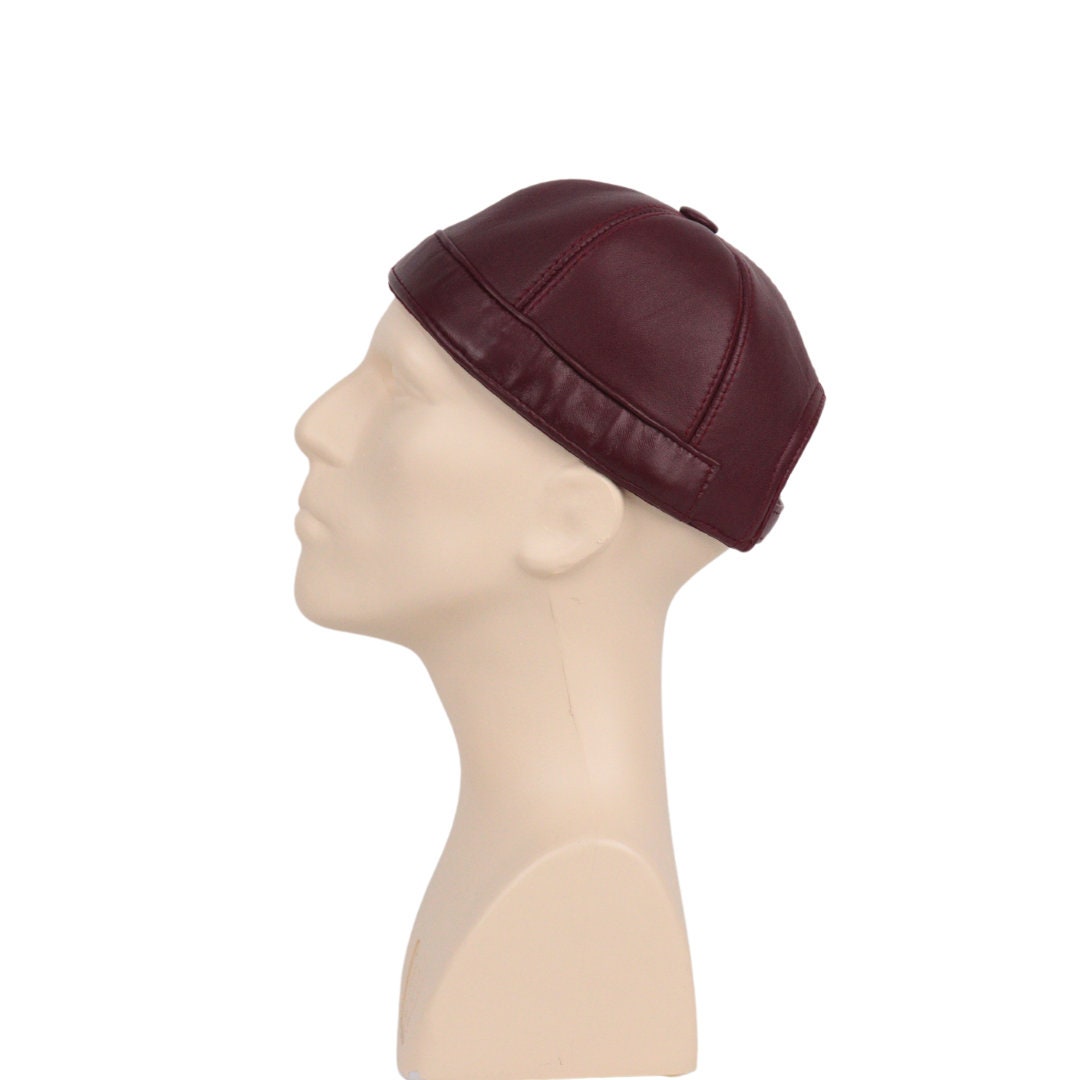 Brimless Hat Leather Beanie Cap Burgundy Docker Cap,adjustable