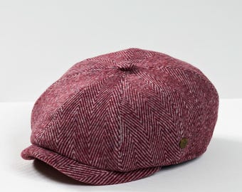 Casquette gavroche faite main en laine à chevrons bordeaux, casquette Peaky Blinders