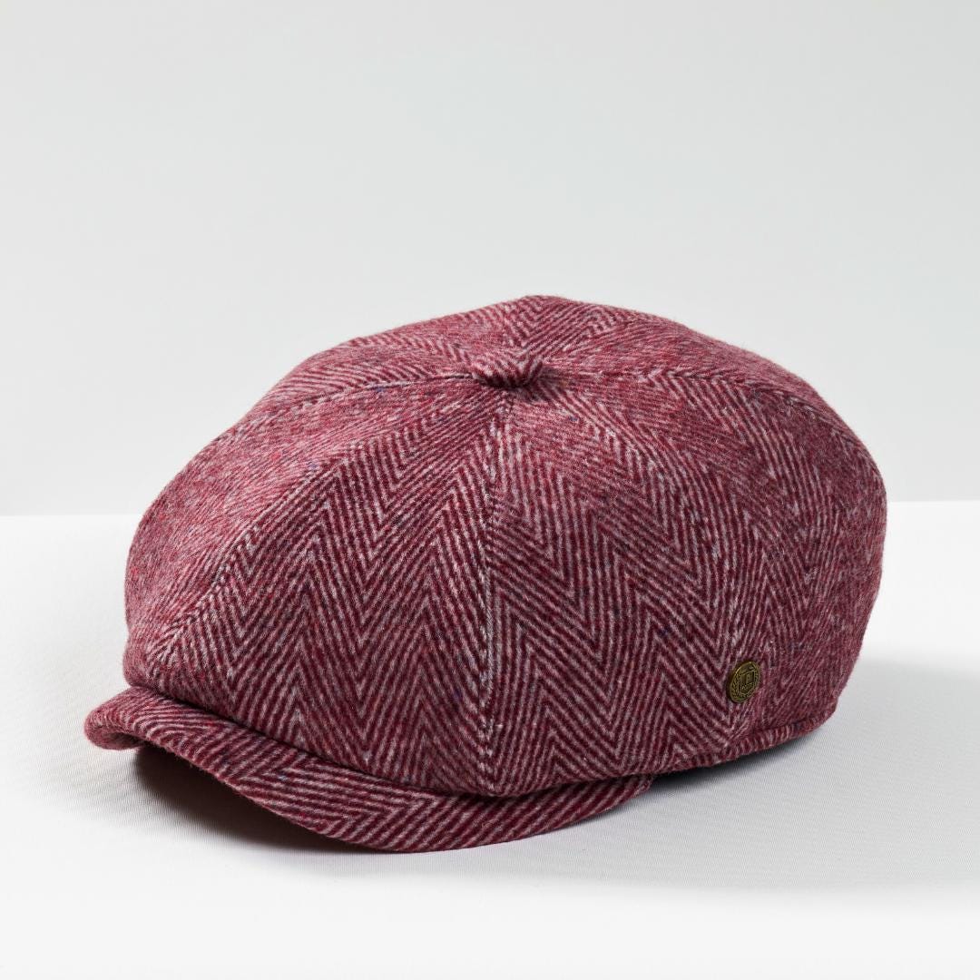 Handmade Burgundy Herringbone Wool Newsboy Cap, Cap