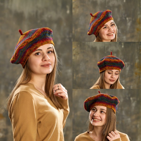 Béret français au crochet coloré, chapeau de peintres, béret pour femme au crochet, chapeau d'hiver pour femme, chapeau au crochet fait main, chapeau béret fait main, chapeau bohème hippie