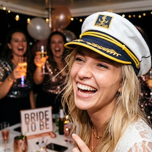 May include: A woman wearing a white captain's hat with a navy blue brim and gold accents, smiling broadly. The hat has a patch with an anchor and the word "CAPTAIN". Other women are in the background, holding champagne flutes and laughing. A sign that says "BRIDE TO BE" is on the table.