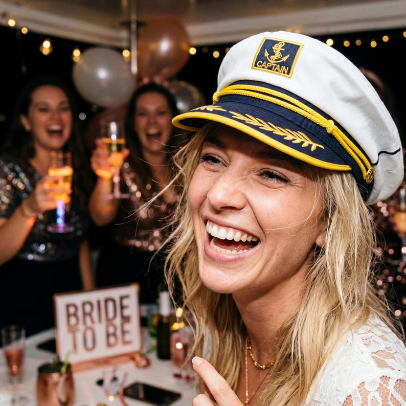 May include: A woman wearing a white captain's hat with a navy blue brim and gold accents, smiling broadly. The hat has a patch with an anchor and the word "CAPTAIN". Other women are in the background, holding champagne flutes and laughing. A sign that says "BRIDE TO BE" is on the table.