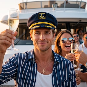May include: A man wearing a navy blue captain's hat with gold trim and the word "CAPTAIN". He is holding a champagne flute. He is wearing a blue and white striped shirt and a gold anchor pendant. Other people are in the background.