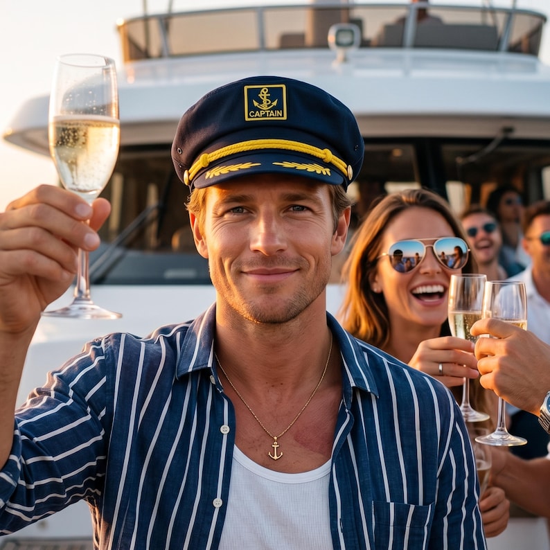 May include: A man wearing a navy blue captain's hat with gold trim and the word "CAPTAIN". He is holding a champagne flute. He is wearing a blue and white striped shirt and a gold anchor pendant. Other people are in the background.