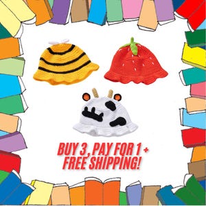 Handmade Crochet Animal Bucket Hat, Cow, Bee, Strawberry