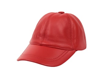 Red Genuine Leather Baseball Cap, Unisex Adjustable Hat