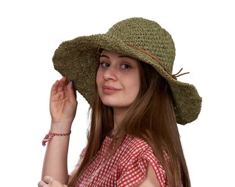 Chapeau de paille d'été vert, chapeau d'été pour femme, chapeau de soleil, chapeau à bord large, chapeau de plage, chapeau de soleil pliable, style dentelle, chapeau de paille fait main, chapeau de vacances,