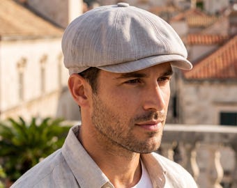 Casquette gavroche en lin beige, chapeau Bakerboy de style vintage
