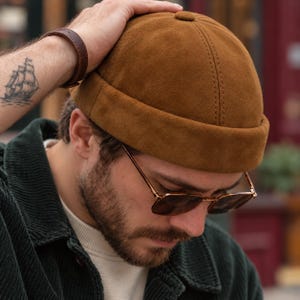 Camel Real Suede Docker Hat, Brimless Docker Cap, Suede Docker Beanie, Fisherman Cap, Suede Sailor Cap, Suede Skullcap