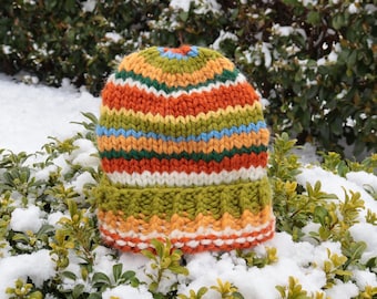 Hand Knit Multicolor Beanie: Chunky Boho Winter Cap