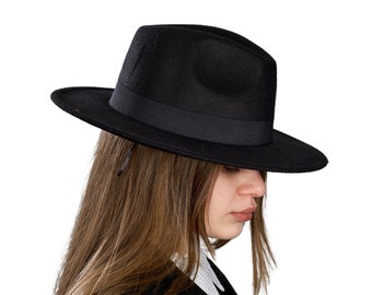 Black Wide Brim Fedora Hat: Vegan Felt Rancher Style