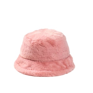 Pink Faux Fur Bucket Hat, Warm Plush Winter Hat for Women, Cozy Fuzzy Fluffy Outdoor Fashion Hat, Trendy Ladies Bucket Hat